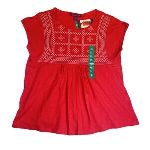 Gloria Vanderbilt Scoop Neck Shirt Woman's XL NEW! Red  White Embroidery Ruched